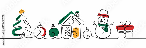 Christmas icons in continuous line art with festive colors, single line Christmas banner isolated on white background