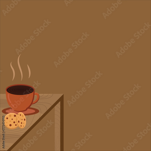 Flat minimalist illustration of warm brown coffee cup with steam and chocolate chip cookies on wood table corner, generous empty space for holiday Christmas cocoa banner background