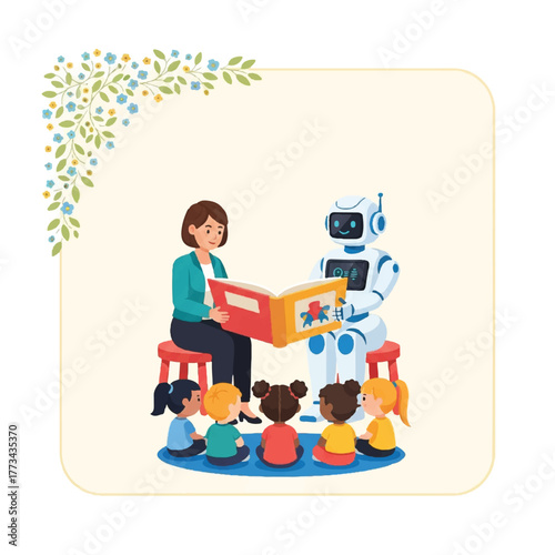 A teacher and a robot read a book to a group of young children sitting on the floor in a classroom setting, with floral decorations.