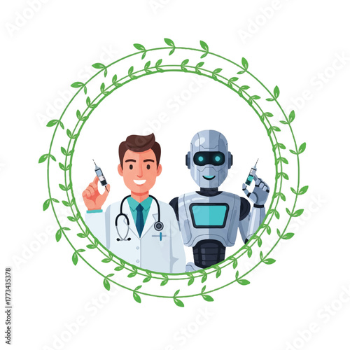 A smiling doctor and a robot stand side-by-side, both holding syringes, framed by a green leafy wreath.
