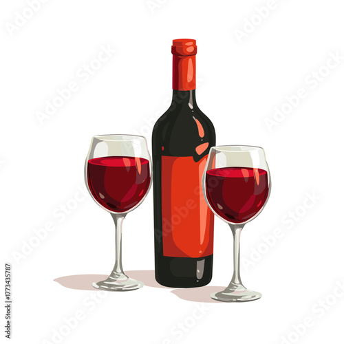 Vector illustration of a bottle of red wine with two glasses isolated on a white background