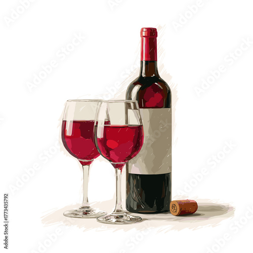 Vector illustration of a bottle of red wine with two glasses isolated on a white background