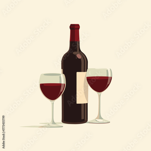Vector illustration of a bottle of red wine with two glasses isolated on a white background