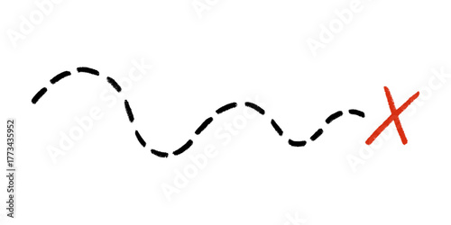 Old pirate treasure map. Dashed line and red X sign on travel map. Path to treasure and gold location. Old pirate letter. Vector illustration isolated on white background.