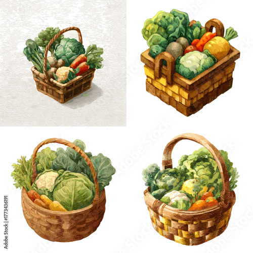 Watercolor illustration of wicker baskets filled with fresh vegetables like cabbage, carrots, and lettuce. Perfect for organic food branding, farm market art, or eco lifestyle design.