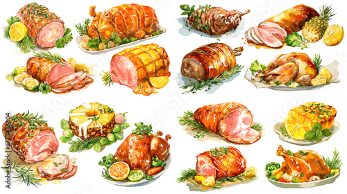 Watercolor illustration set of roasted meat dishes, ham, turkey, and garnishes with herbs and fruits. Perfect for cookbooks, restaurant menus, food blogs, and culinary designs.