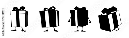 Anthropomorphic gift boxes with feet, black and white minimalist doodle illustration