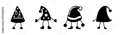 Set of funny cartoon party hats and christmas caps doodle drawing vector style
