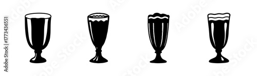 Stemmed drink glasses vector set: milkshake, cocktail, soda icons illustration