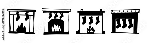 Hand drawn set of four christmas fireplace icons with stockings and fire flame