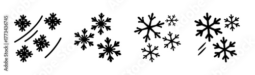 Black icons set of various snowflakes and snow falling symbols winter weather