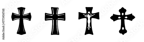 Collection of four religious christian crosses and crucifix icons set vector illustration