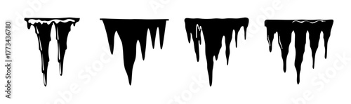 Four black stylized icicle silhouettes dripping winter frost graphic design element vector set