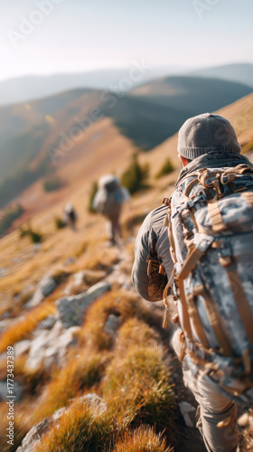 Hiker climbing mountain trail with rope and backpack in outdoor adventure during autumn season with scenic view of hills and valleys under clear sky