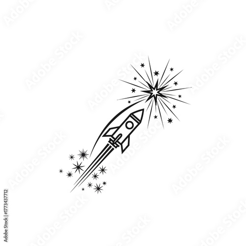 A rocket ship soars upwards, leaving a trail of stars, towards a larger, exploding star.