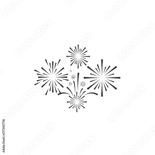 Stylized illustration of several exploding fireworks, radiating lines against white background.
