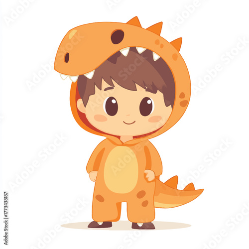  Cute little boy in a cheerful orange dinosaur costume.