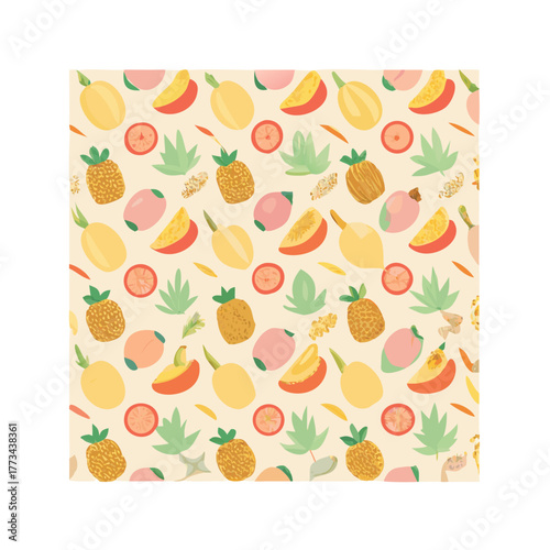 Seamless pattern with tropical fruits on a light background
