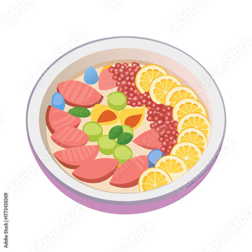 Delicious fruit bowl with watermelon, lemon, grapes