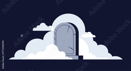 A weathered tombstone emerges from mystical clouds under a dark night sky with a faint moon, rendered in a minimalist style.