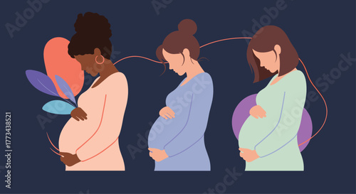 Three diverse pregnant women tenderly embracing their baby bumps, symbolizing new life, anticipation, and global maternity.