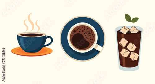 Three illustrations of hot coffee, overhead coffee, and iced coffee, showcasing various popular coffee beverages.