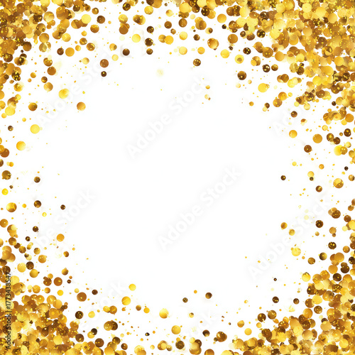 Golden glitter particles frame a white, empty space