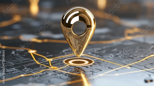 Gold location marker on a technological map.
