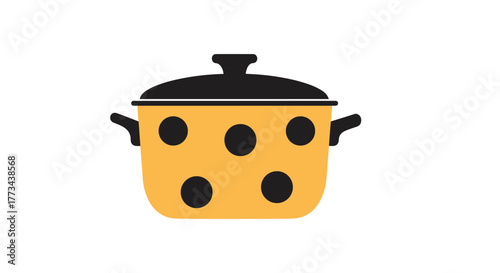 A vibrant yellow cooking pot adorned with playful black polka dots, featuring a black lid and sturdy handles, on a clean white background.