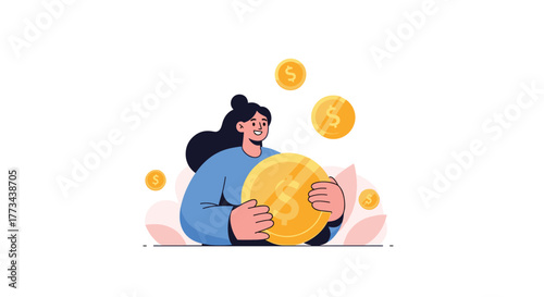 Smiling woman embraces a large golden coin with a dollar sign, surrounded by floating money, representing savings and financial stability.