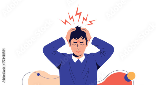 An illustration of a man suffering from a headache, anxiety, or emotional distress, depicted with symbolic lightning bolts above his head.
