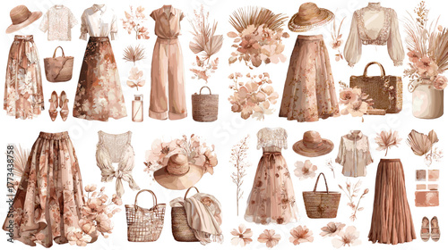 Bohemian fashion outfit collection in warm beige tones. Includes skirts, blouses, hats, and accessories. Great for fashion design, moodboards, and aesthetic lifestyle visuals.