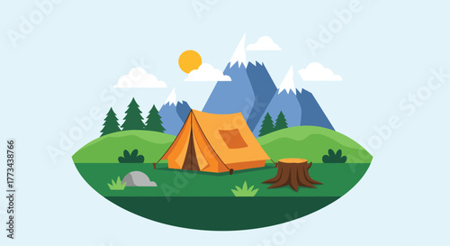 A colorful illustration depicts a cozy orange tent pitched in a vibrant mountainous landscape under a bright sunny sky.