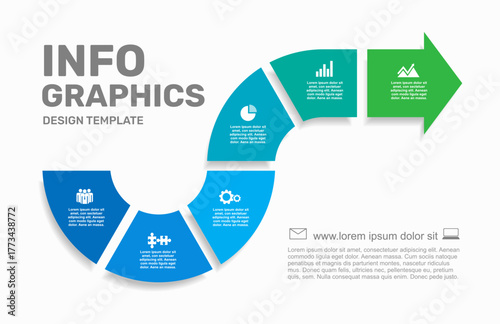 Infographic with curved arrow segments and icons, illustrating workflow, progress, and strategic steps. Vector illustration.