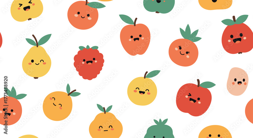 Obraz premium A cheerful and colorful seamless pattern featuring adorable cartoon fruits with happy faces, perfect for children's designs and playful backgrounds.