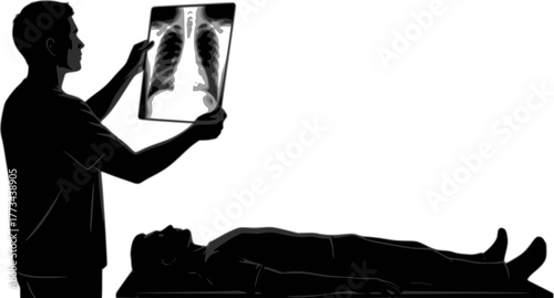 Silhouette of a doctor examining a chest x-ray above a patient on a gurney. Design for Medical education, telemedicine platforms, or hospital signage. Vector. EPS version.