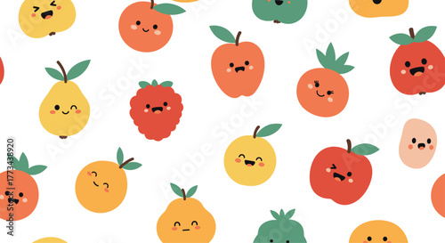 A cheerful and colorful seamless pattern featuring adorable cartoon fruits with happy faces, perfect for children's designs and playful backgrounds.