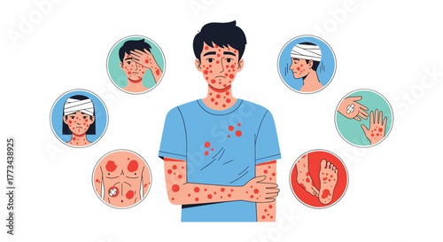 An illustrative depiction of a person suffering from a full-body skin rash, showing various affected areas and medical care.