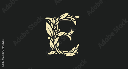 Ornate uppercase letter E, artfully composed of elegant botanical leaves and delicate berries, standing out on a deep background.