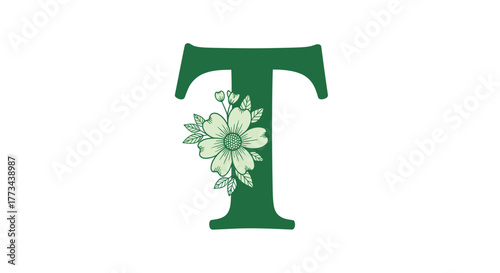 Green uppercase letter T with an elegant floral design featuring a light green flower and leaves, set against a clean white background.