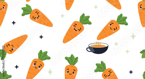 Delightful seamless pattern of cute cartoon carrots expressing joy and mischief, with one transforming into a healthy drink.