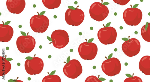 Vibrant red apples with green leaves and scattered green dots create a cheerful seamless pattern on a clean white background, ideal for various designs.