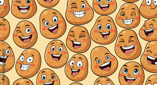 Delightful seamless pattern of happy cartoon potatoes with various cheerful and expressive faces on a bright, uniform background.