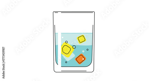 A minimalist illustration of a glass of light blue liquid with colorful ice cubes and small bubbles, symbolizing a refreshing drink.