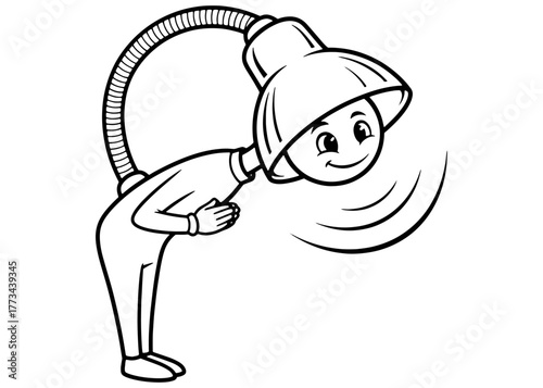 A polite desk lamp mascot bowing with respect. Black and white vector illustration, a concept for greeting, gratitude, or service.
