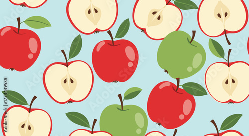 Vibrant seamless pattern of whole and sliced red and green apples with leaves and stems, scattered on a light blue background.