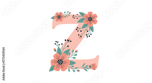 A gentle pink uppercase letter Z, beautifully adorned with delicate coral flowers, green leaves, and dark berries, presented on a clean white background.