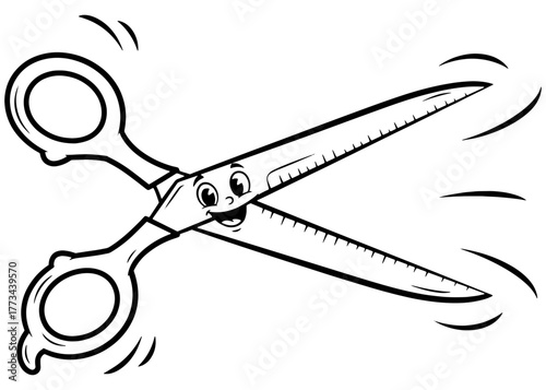 A cheerful cartoon scissors mascot. Black and white vector line art character for a barber shop logo, craft icon, or children's coloring book page.