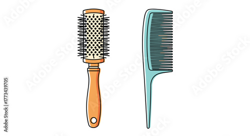 Illustration of a hairbrush and a comb, essential tools for hairstyling and grooming, depicted with a clean, modern aesthetic.