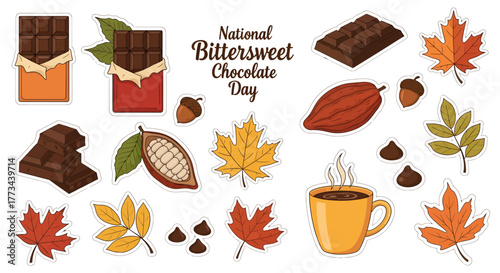 Collection of illustrations for National Bittersweet Chocolate Day, featuring chocolate bars, cacao pods, hot chocolate, autumn leaves, and acorns.